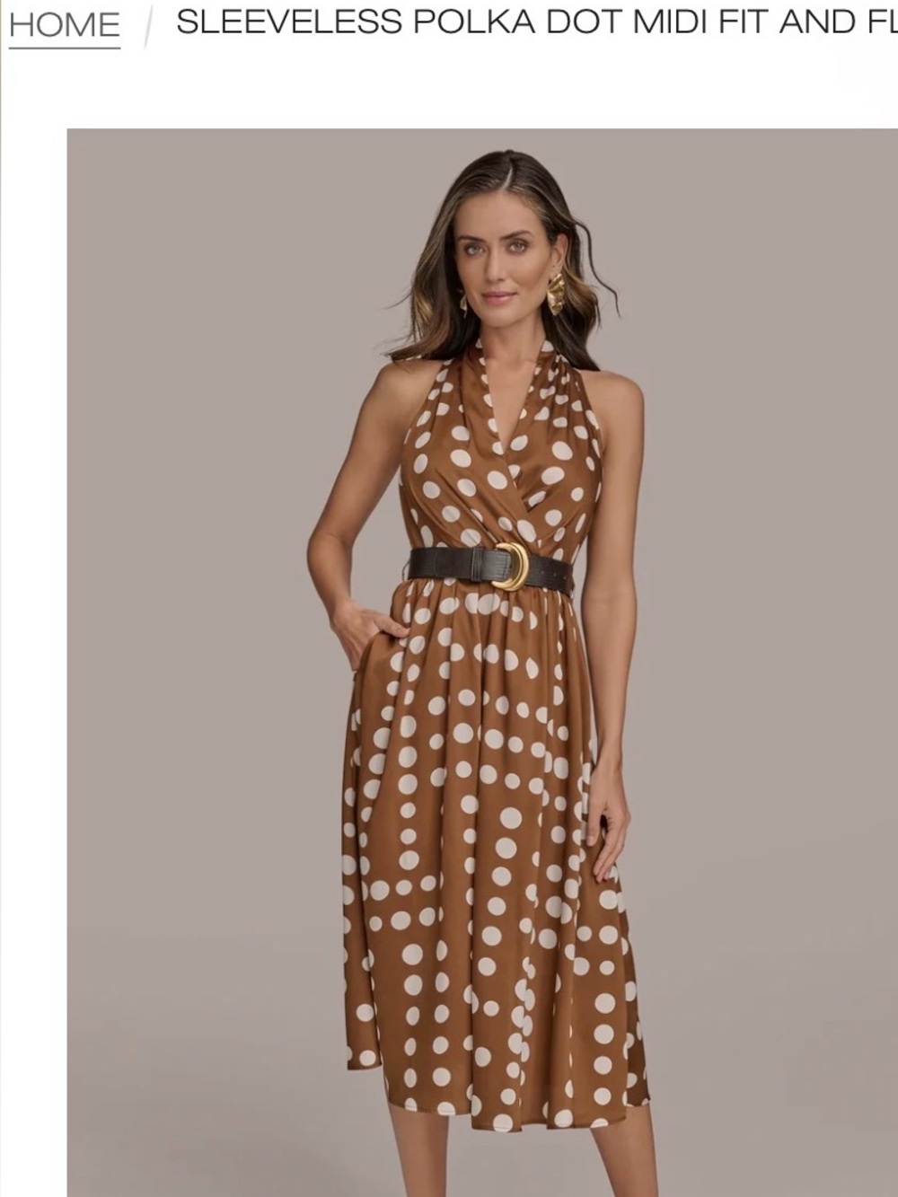 Donna Karan Brown Polka Dot Midi Dress with Belt